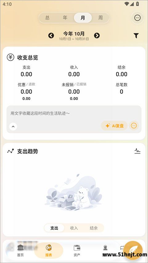 木木记账月度报表收支总览退款报销与支出趋势界面