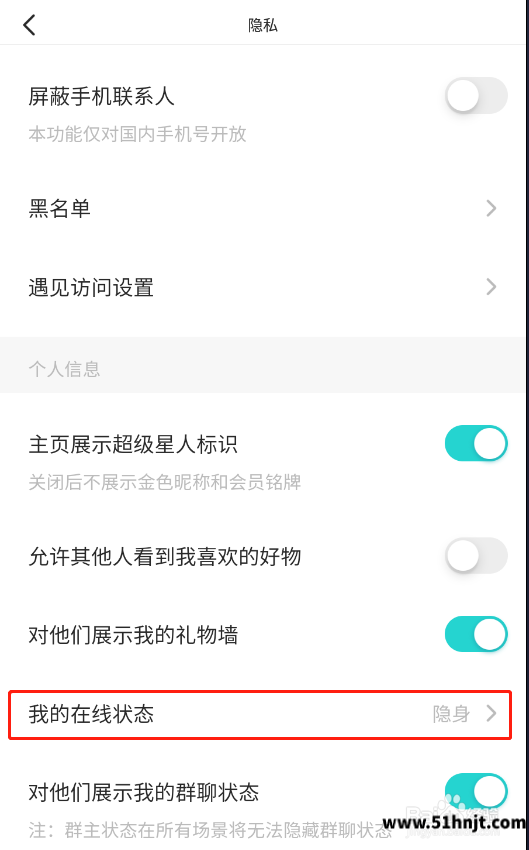 Soul聊天软件隐私设置中的我的在线状态选项