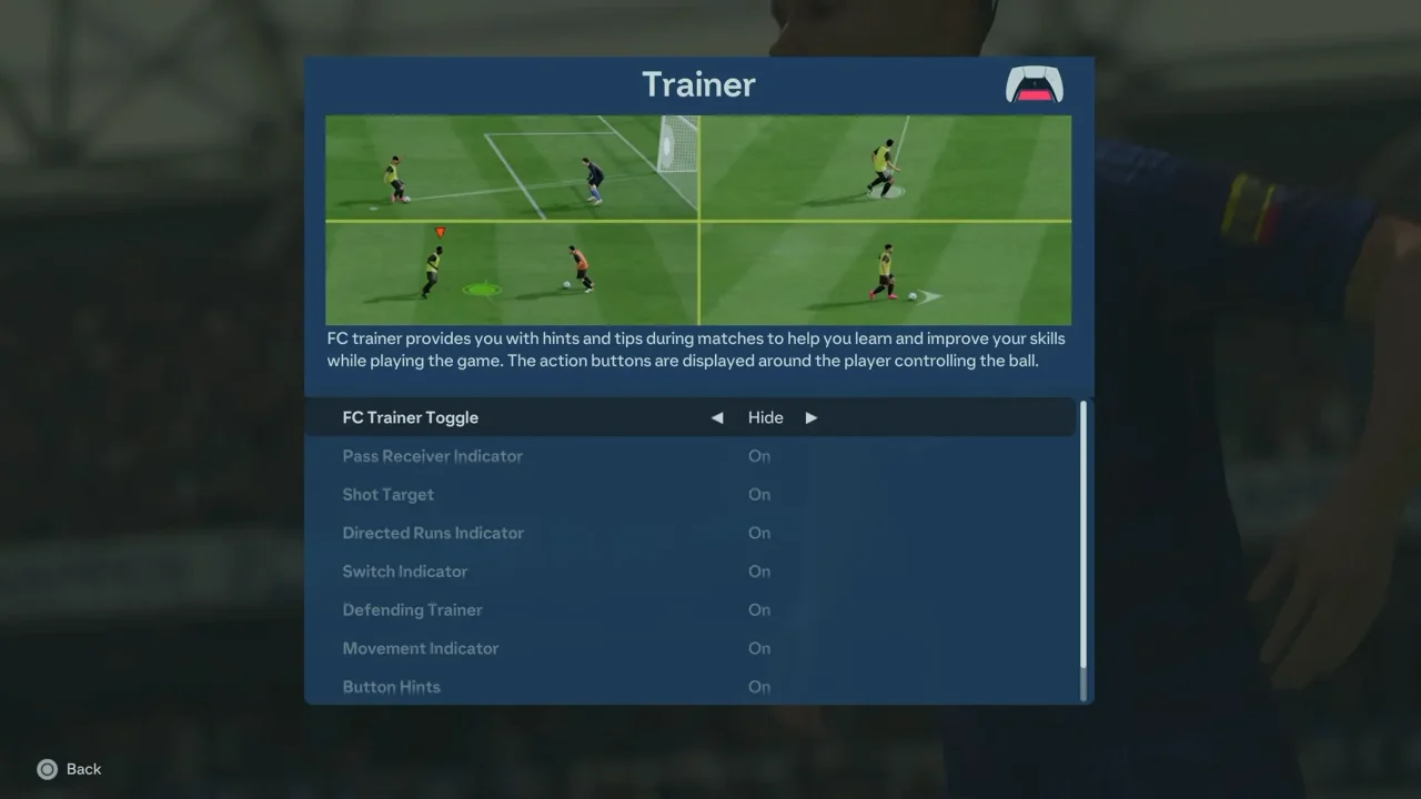 FC27 Trainer设置中将FC Trainer Toggle切换为Hide关闭比赛提示