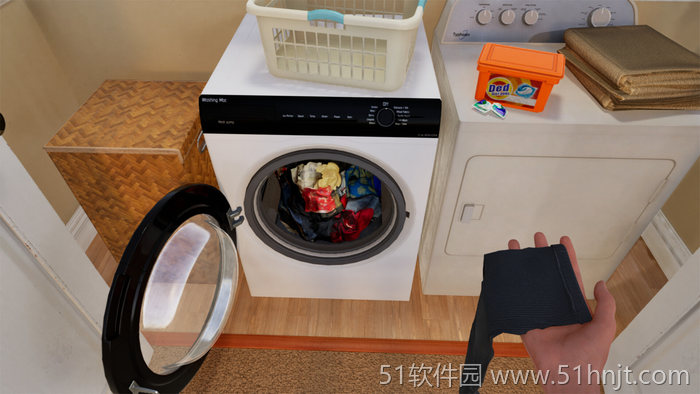 女人模拟器洗衣机界面及衣物放入滚筒操作