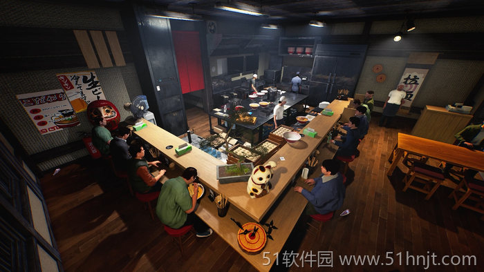 日式拉面模拟器厨房吧台和顾客用餐场景